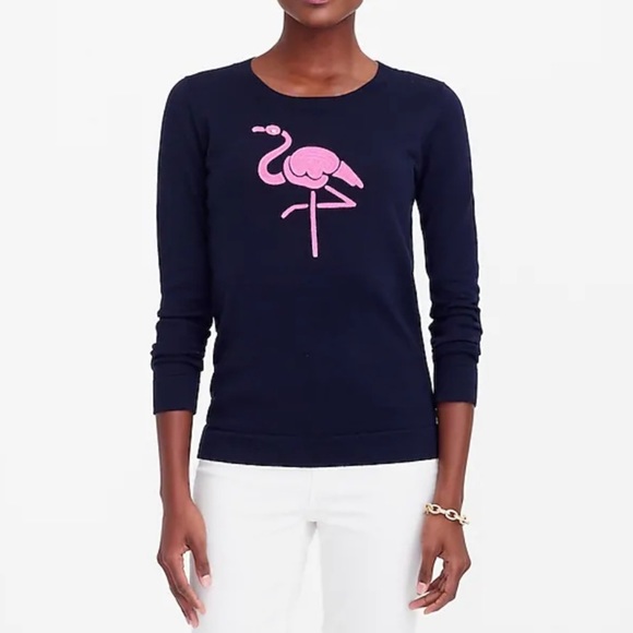 J.Crew Factory Cotton Teddie Flamingo crewneck sweater-Navy Blue & Pink - Picture 5 of 5